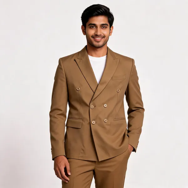 Tan_Cotton_Double_Breasted_Blazer_Coat_Pant_Set_For_Men