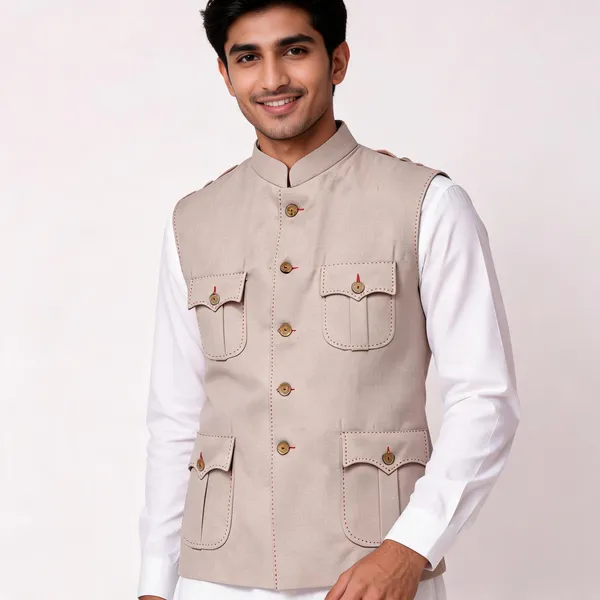 Beige_Matty_Nehru_Collar_Sleeveless_Waistcoat_For_Men