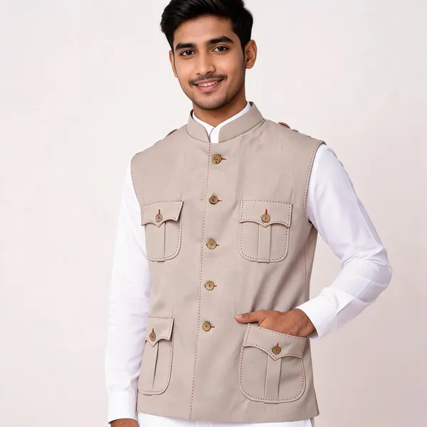 Beige_Matty_Nehru_Collar_Sleeveless_Waistcoat_For_Men