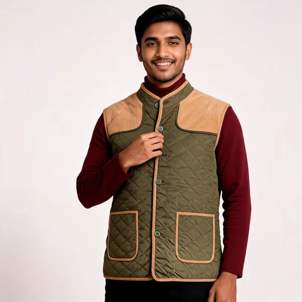 Olive_Matty_Fabric_Quilted_Sleeveless_Waistcoat_For_Men