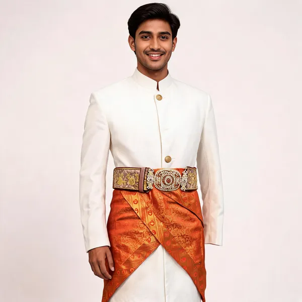 Orange_Banarasi_Brocade_Woven_Jaalri_Groom_Dhoti