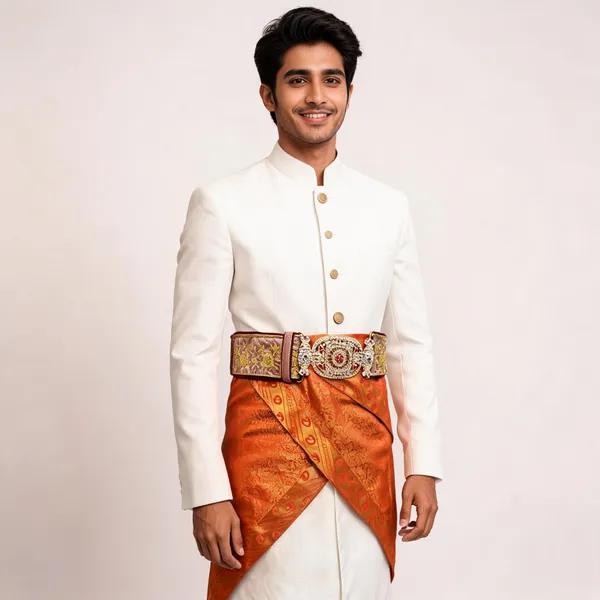 Orange_Banarasi_Brocade_Woven_Jaalri_Groom_Dhoti