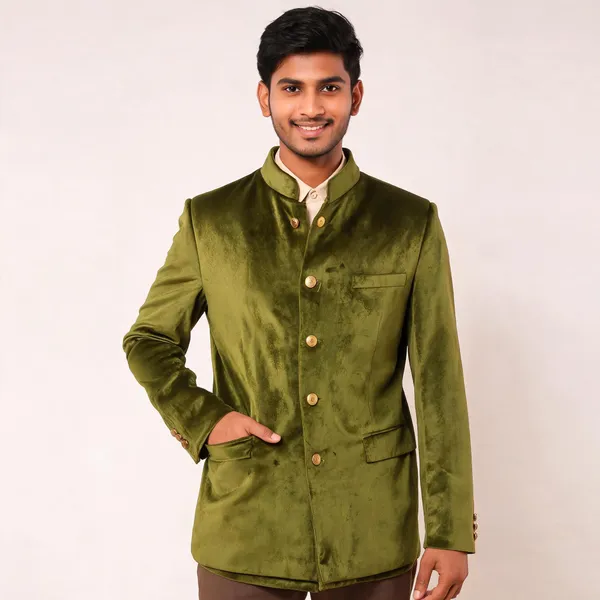 Olive_Green_Velvet_Bandhgala_Jodhpuri_Coat_For_Men