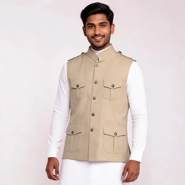 Beige_Matty_Sleeveless_Hunting_Waistcoat_For_Men