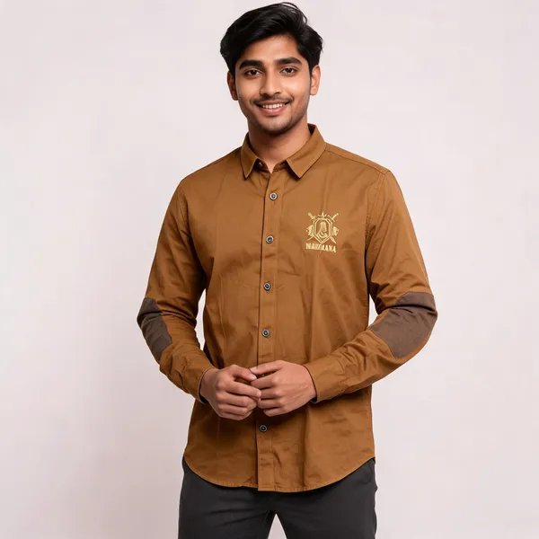 Mustard_Brown_Cotton_Regular_Fit_Rajputana_Logo_Shirt_For_Men