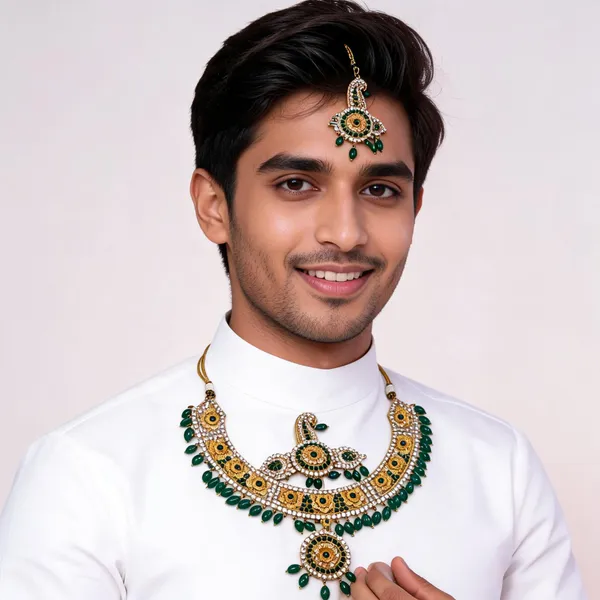 Metal_Gold-Tone_Green_Stone_Floral_Kantha_Necklace_Set