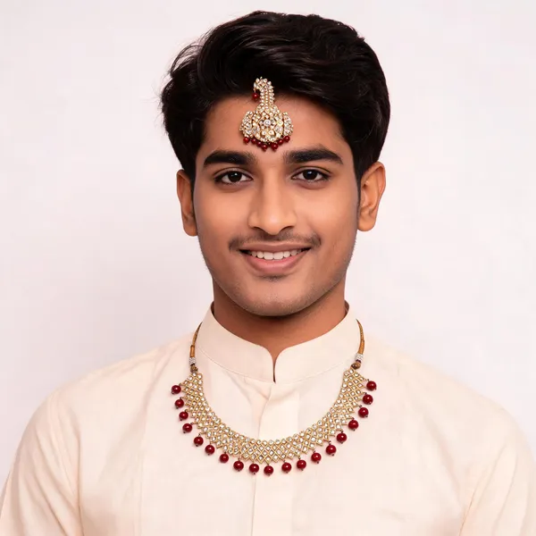 Gold_Metal_Maroon_Bead_Stone_Kantha_Jewellery_Set