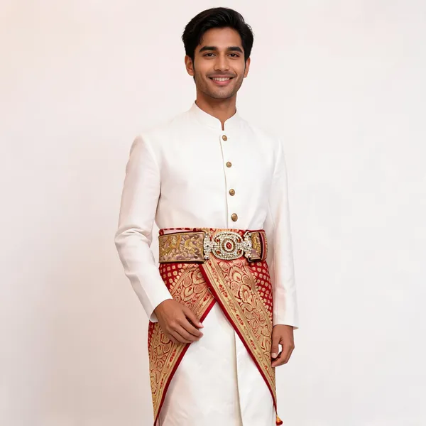 Red_Banarasi_Brocade_Gold_Woven_Groom_Waist_Belt