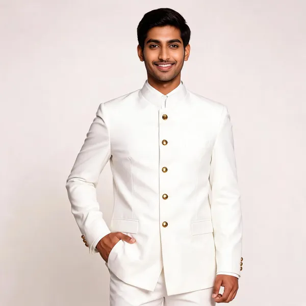 White_Cotton_Bandhgala_Jodhpuri_Coat_Pant_Set_For_Men