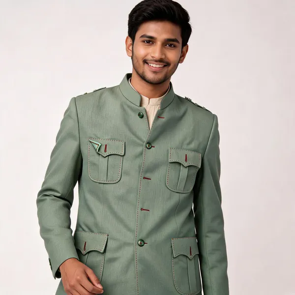 Green_Matty_Fabric_Bandhgala_Hunting_Jacket_For_Men