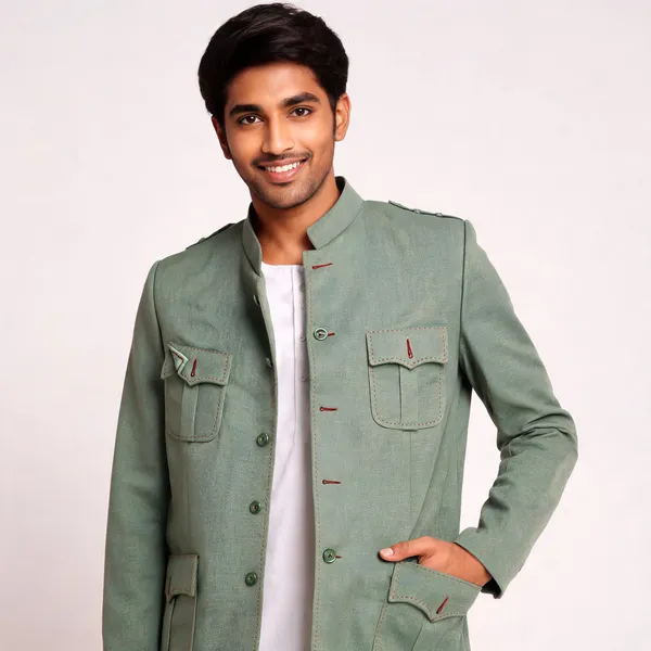 Green_Matty_Fabric_Bandhgala_Hunting_Jacket_For_Men