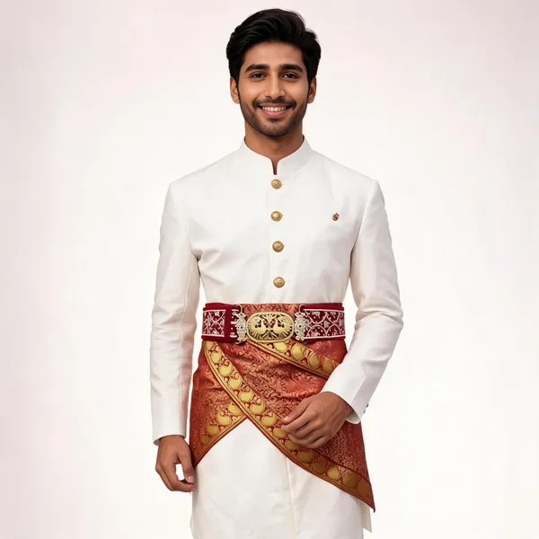 White_Banarasi_Brocade_Jaalri_Groom_Kurta_Drape_Set