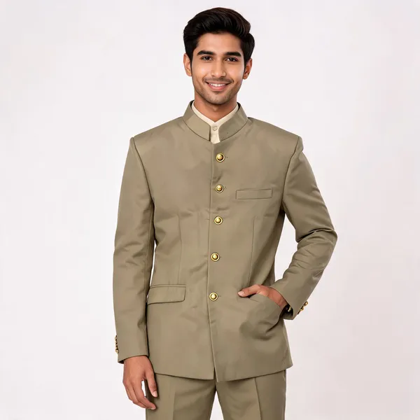 Khaki_Cotton_Bandhgala_Jodhpuri_Coat_Pant_Set_For_Men