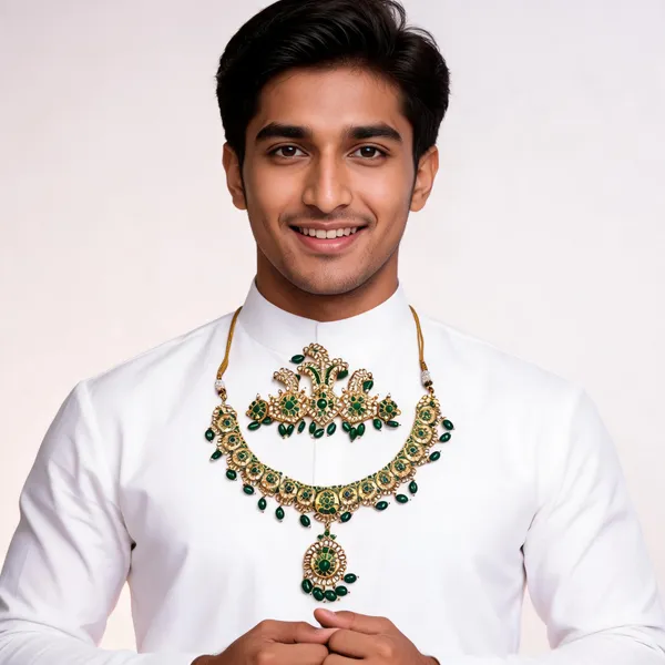 Metal_Gold-Tone_Green_Stone_Kantha_Necklace_Set