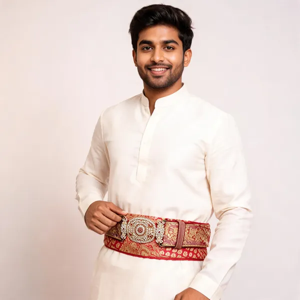 Red_Banarasi_Brocade_Paisley_Gold_Groom_Waist_Belt