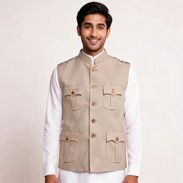 Beige_Matty_Nehru_Collar_Sleeveless_Waistcoat_For_Men