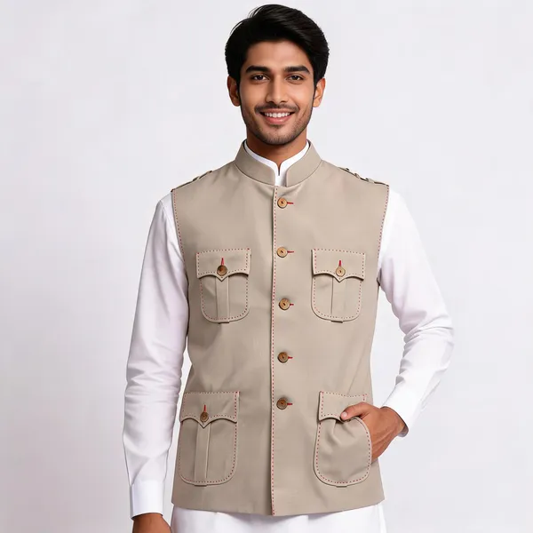 Beige_Matty_Nehru_Collar_Sleeveless_Waistcoat_For_Men