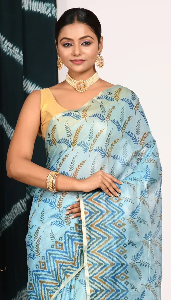 Blue_&_Gold-Toned_Floral_Zari_Tissue_Block_Print_Saree