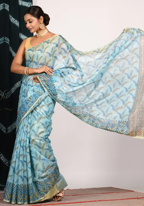 Blue_&_Gold-Toned_Floral_Zari_Tissue_Block_Print_Saree