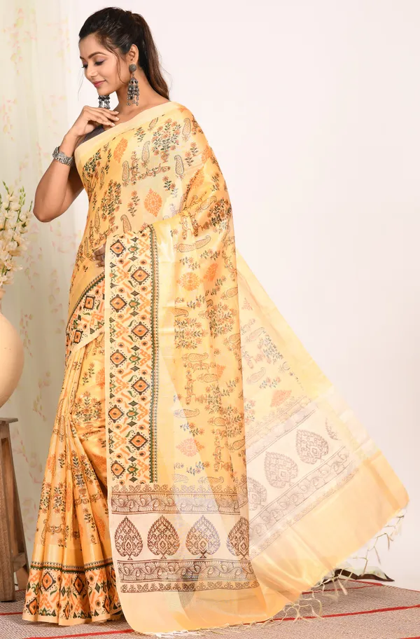 Yellow_&_Green_Ethnic_Motifs_Printed_Tissue_Block_Print_Saree