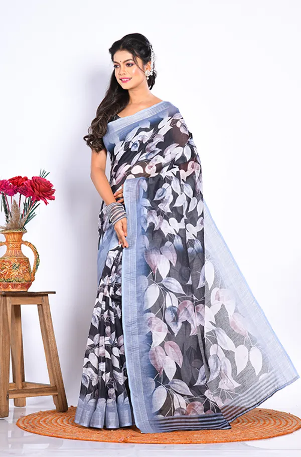 Floral_Printed_Zari_Linen_Saree