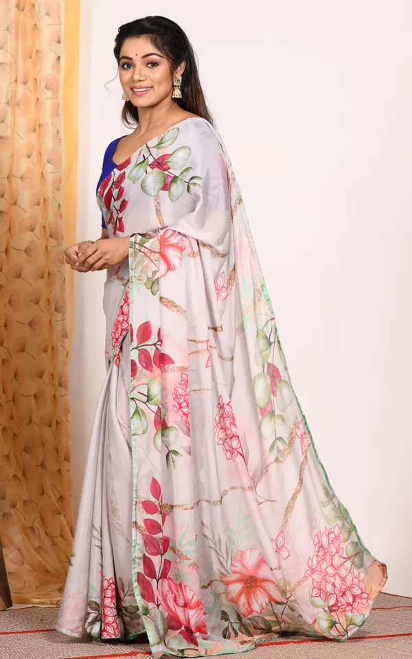 White_&_Red_Floral_Printed_Pure_Chiffon_Saree
