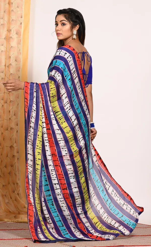 Blue_&_White_Striped_Pure_Chiffon_Saree