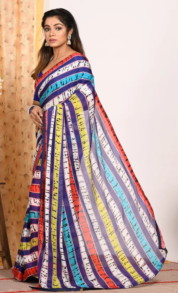 Blue_&_White_Striped_Pure_Chiffon_Saree