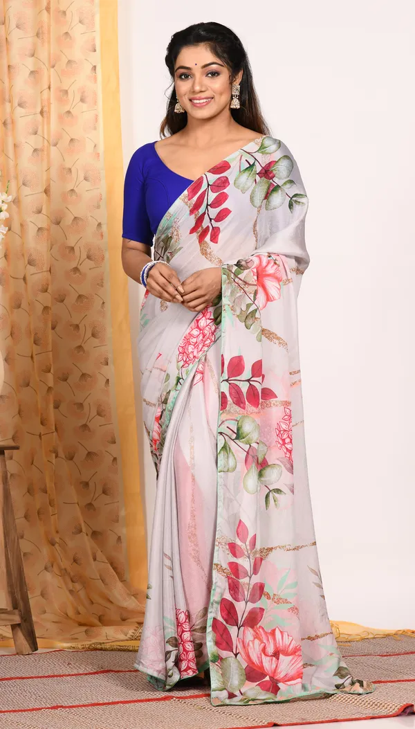 White_&_Red_Floral_Printed_Pure_Chiffon_Saree