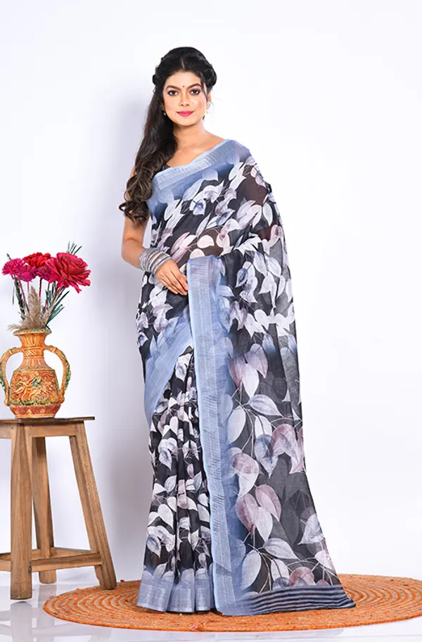 Floral_Printed_Zari_Linen_Saree
