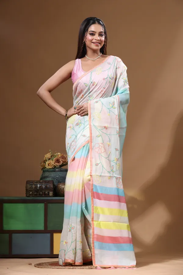 OFF-WHITE_MAL_CHANDERI_with_KANTHA_WORK_Saree_with_Blouse_Piece