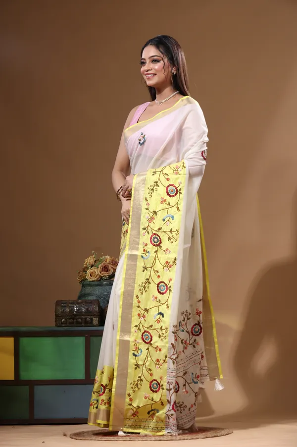 OFF-WHITE_MAL_CHANDERI_with_KANTHA_WORK_Saree_with_Blouse_Piece