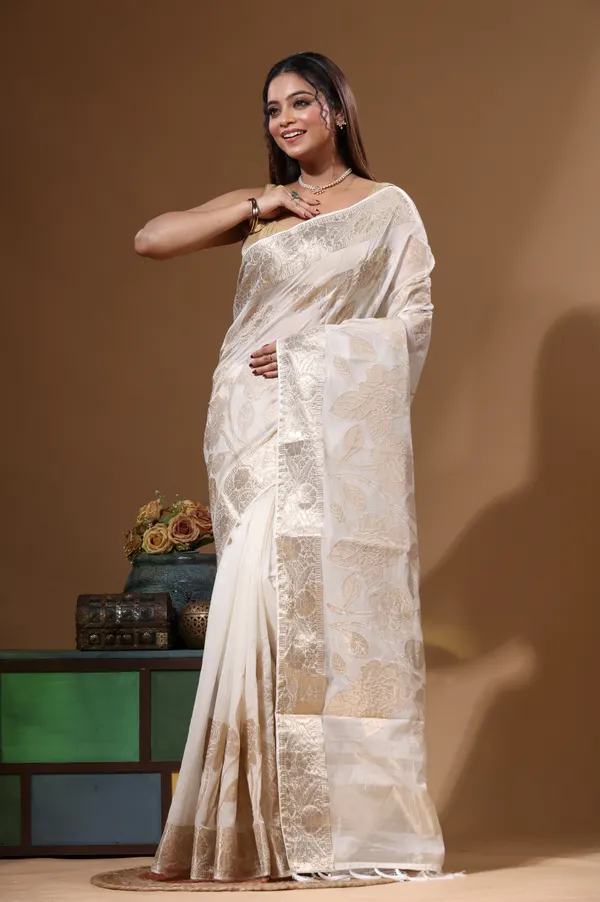 OFF-WHITE_MAL_CHANDERI_with_APPLIQUE_WORK_Saree_with_Blouse_Piece
