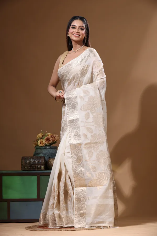 OFF-WHITE_MAL_CHANDERI_with_APPLIQUE_WORK_Saree_with_Blouse_Piece