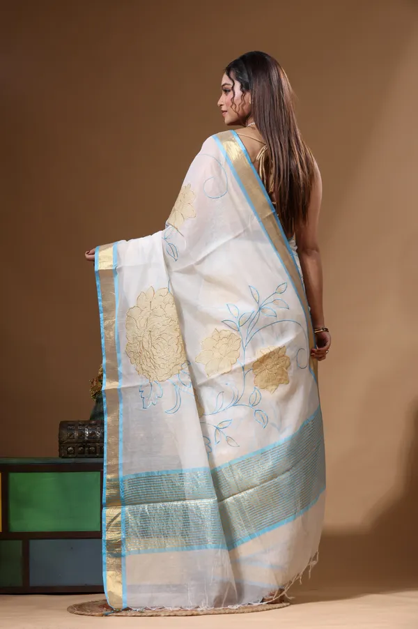 OFF-WHITE_MAL_CHANDERI_with_APPLIQUE_WORK_Saree_with_Blouse_Piece
