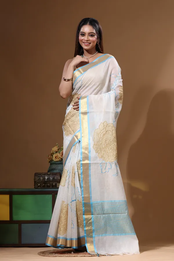 OFF-WHITE_MAL_CHANDERI_with_APPLIQUE_WORK_Saree_with_Blouse_Piece
