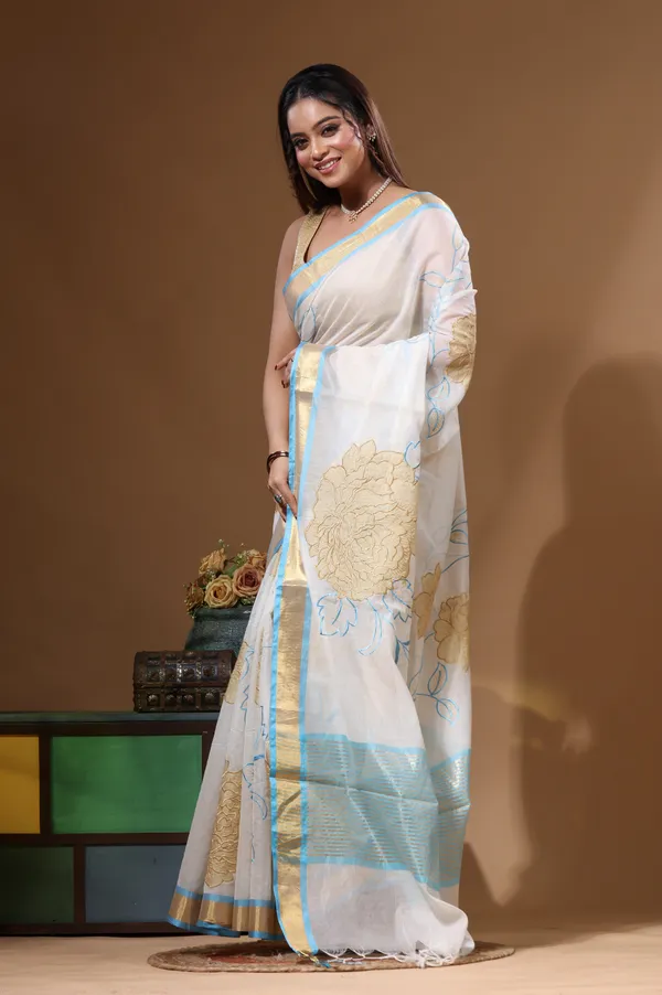 OFF-WHITE_MAL_CHANDERI_with_APPLIQUE_WORK_Saree_with_Blouse_Piece