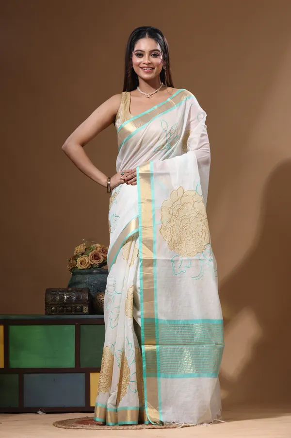 OFF-WHITE_MAL_CHANDERI_with_APPLIQUE_WORK_Saree_with_Blouse_Piece