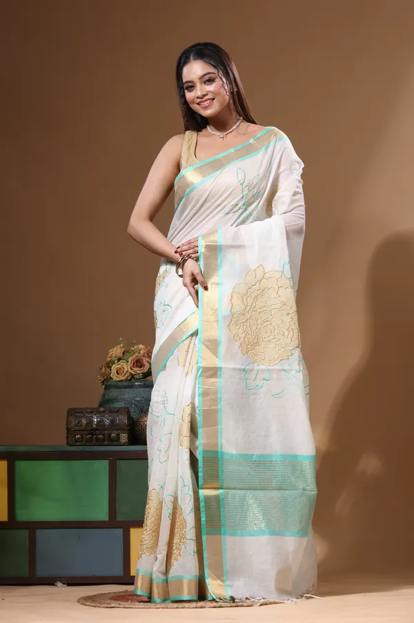 OFF-WHITE_MAL_CHANDERI_with_APPLIQUE_WORK_Saree_with_Blouse_Piece