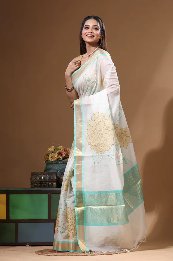 OFF-WHITE_MAL_CHANDERI_with_APPLIQUE_WORK_Saree_with_Blouse_Piece