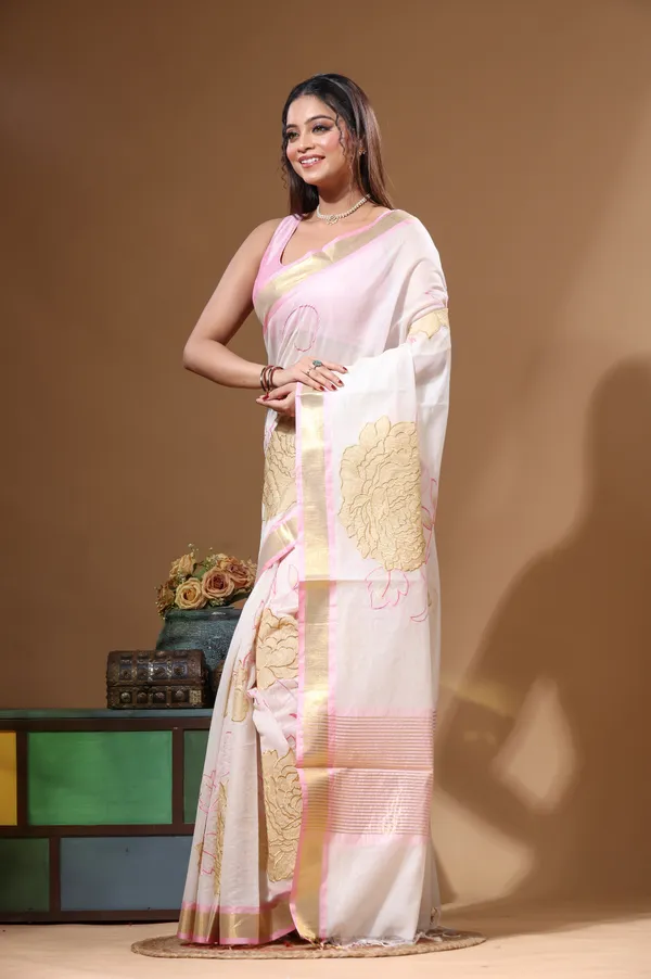 OFF-WHITE_MAL_CHANDERI_with_APPLIQUE_WORK_Saree_with_Blouse_Piece