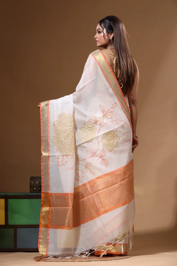 OFF-WHITE_MAL_CHANDERI_with_APPLIQUE_WORK_Saree_with_Blouse_Piece