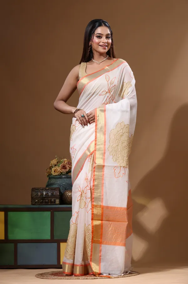 OFF-WHITE_MAL_CHANDERI_with_APPLIQUE_WORK_Saree_with_Blouse_Piece