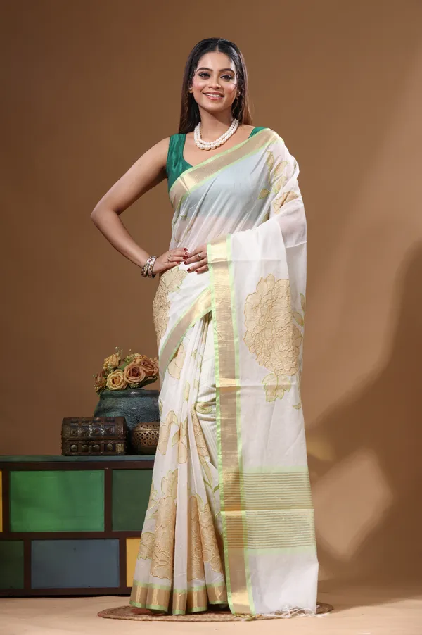 OFF-WHITE_MAL_CHANDERI_with_APPLIQUE_WORK_Saree_with_Blouse_Piece