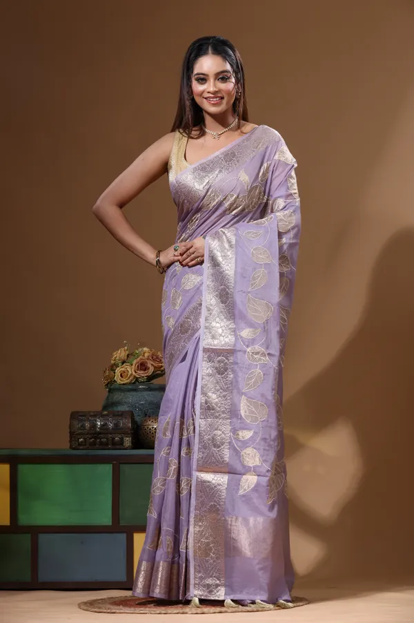 LAVENDAR_MAL_CHANDERI_with_APPLIQUE_WORK_Saree_with_Blouse_Piece