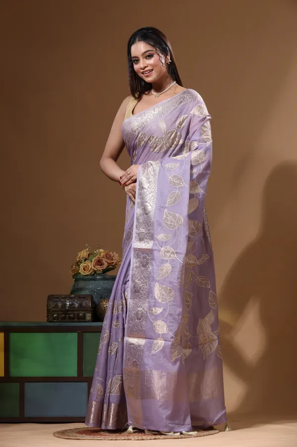 LAVENDAR_MAL_CHANDERI_with_APPLIQUE_WORK_Saree_with_Blouse_Piece