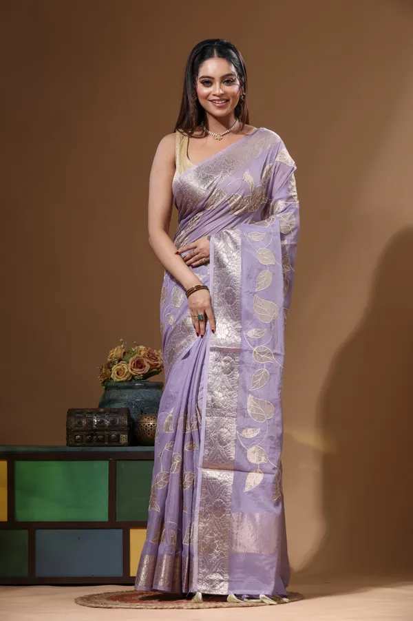 LAVENDAR_MAL_CHANDERI_with_APPLIQUE_WORK_Saree_with_Blouse_Piece