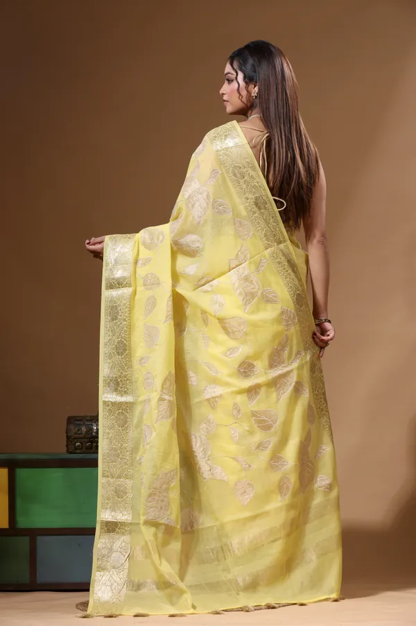 YELLOW_MAL_CHANDERI_with_APPLIQUE_WORK_Saree_with_Blouse_Piece