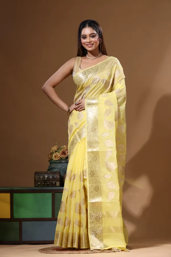 YELLOW_MAL_CHANDERI_with_APPLIQUE_WORK_Saree_with_Blouse_Piece