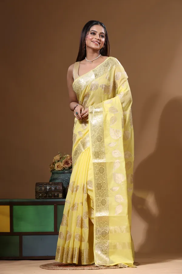 YELLOW_MAL_CHANDERI_with_APPLIQUE_WORK_Saree_with_Blouse_Piece
